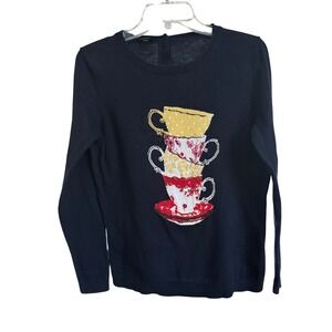 TALBOTS PETITES Navy Blue Stacked Tea Cup Sweater Long Sleeve Button Back MP